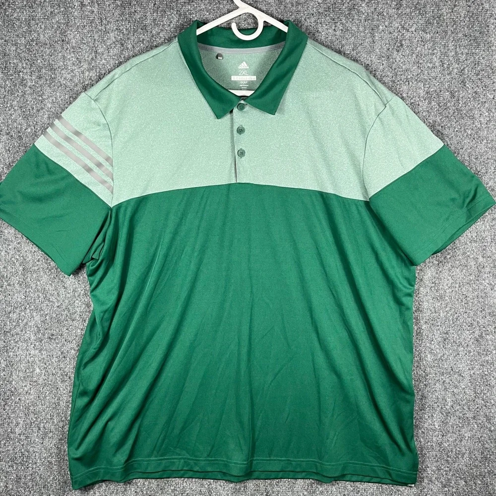 Adidas Golf Polo Shirt Mens 2XL‎ Green Colorblock Reflective 3-Stripes HA9137